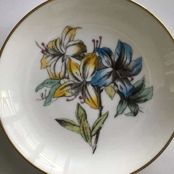 Minton English Bone China Tiger Lilly Trinket Dish Blue & Yellow Floral Vintage - Picture 2 of 10